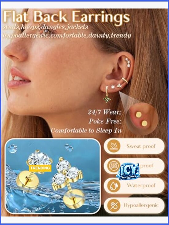 MILACOLATO Hypoallergenic Flat Back Earrings 14K Plated Gold  14K Gold Plated Earring Sets 6 Pairs Flat Back Studs Small Hoops Cartilage